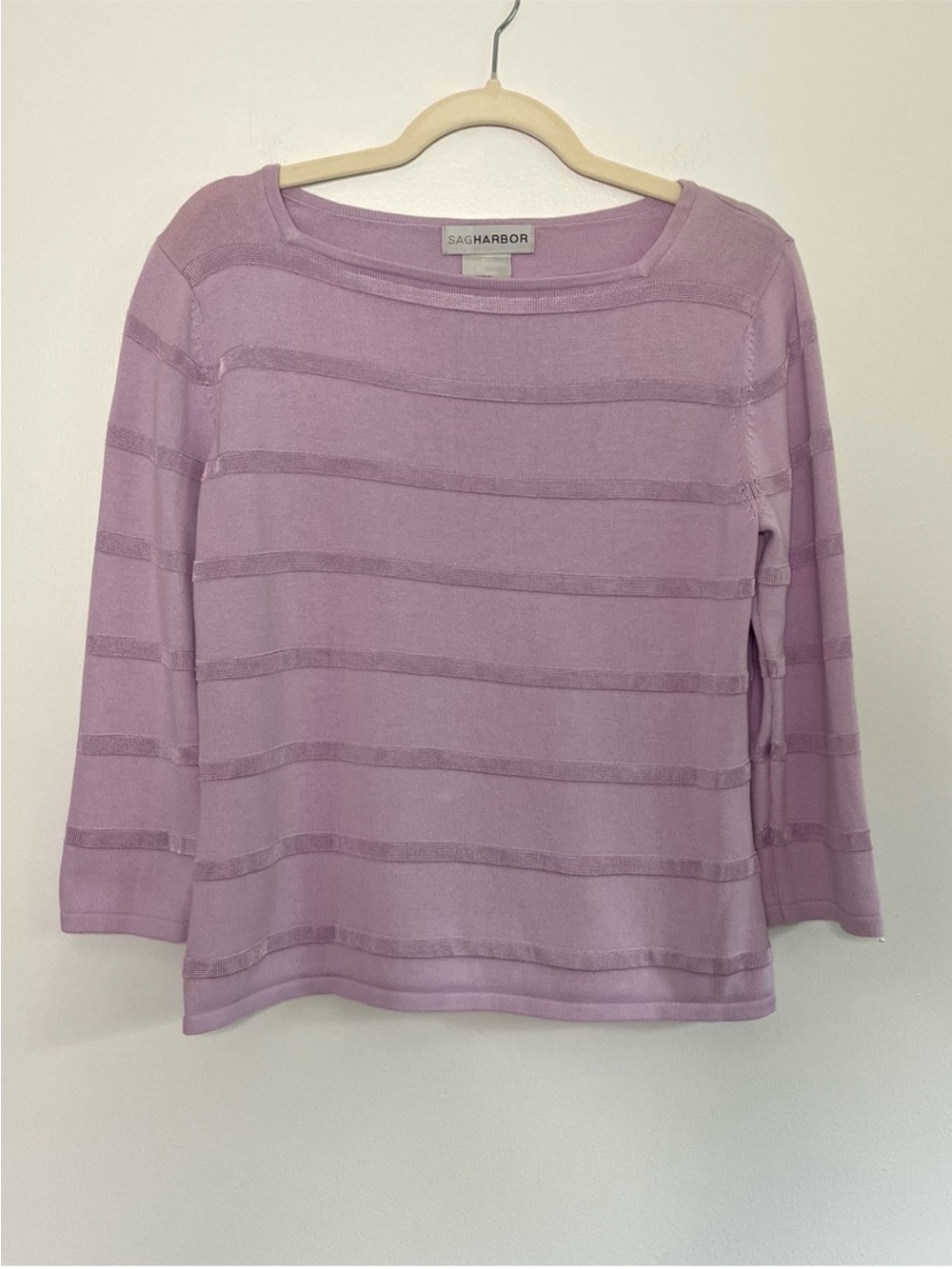 Vtg Sag Harbor Lilac Purple Striped Boatneck Knit Top Minimalist Office Small